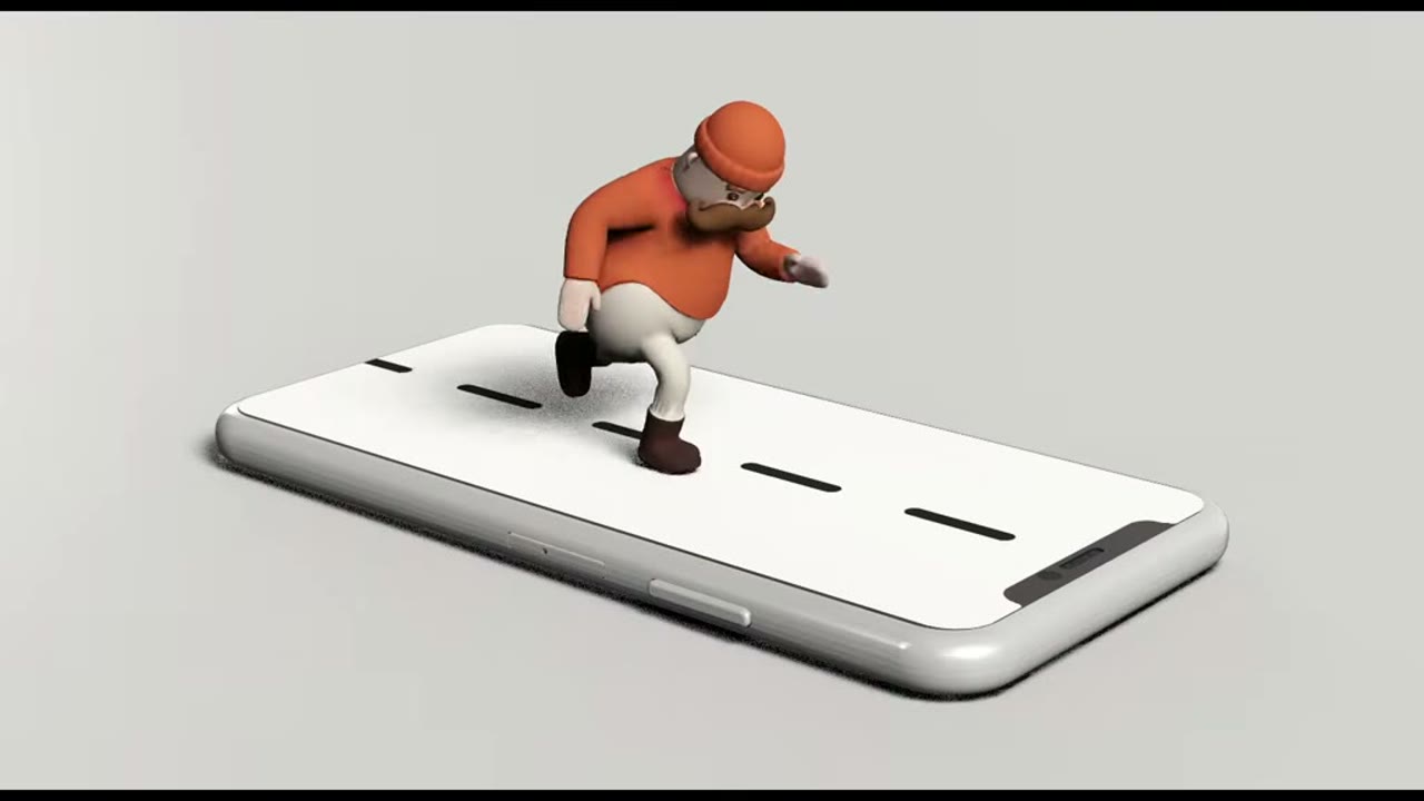 Tripo AIで生成した3Dキャラクターがスマートフォンの上を走る完成カット